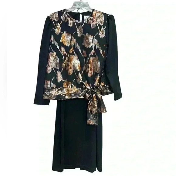 Another Thyme Black & Metallic Lame Rose Pattern Evening Two-Piece set Size 10 - Picture 1 of 8